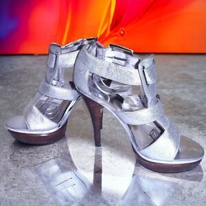 Michael Kors metallic silver heeled peep-toe sandals